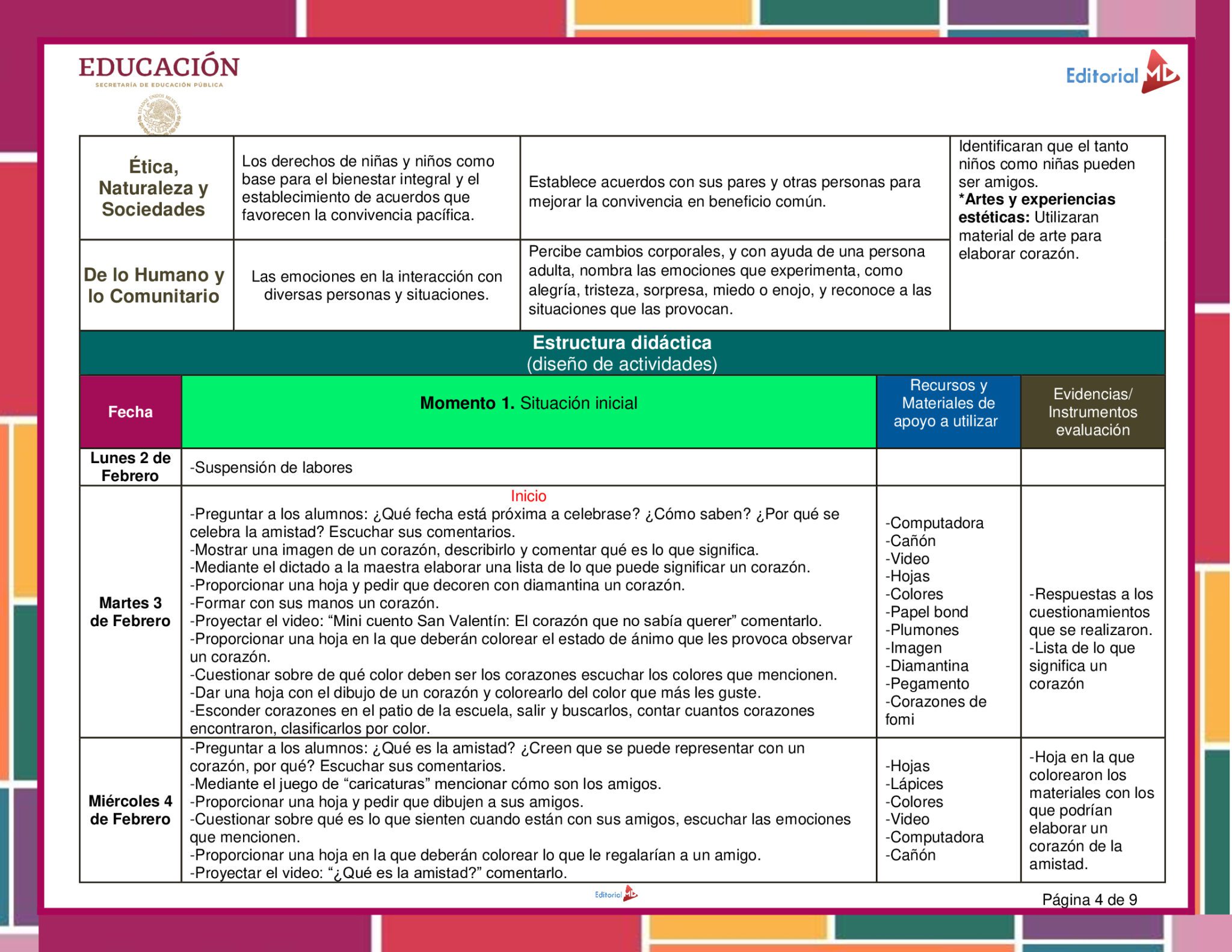 Planeación Corazón de la Amistad para Preescolar 4 Una tabla de planificación de lección de Planeación Corazón de la Amistad para Preescolar para una clase de ética, naturaleza y sociedad incluye objetivos, situación inicial, actividades, materiales y evidencia para enseñar a los niños sobre el manejo de las emociones y la amistad.