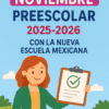 Ilustración de una mujer sonriente que sostiene un portapapeles con una marca de verificación. Texto: "Planeación de Noviembre Preescolar" sobre fondo azul con nubes y vegetación.
