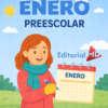 Ilustración para Planeación de Enero Preescolar NEM 2026: Una mujer con abrigo rojo y bufanda azul sostiene un calendario rotulado "Enero" al aire libre, con árboles, hierba, sol y nubes.