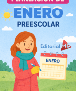 Ilustración para Planeación de Enero Preescolar NEM 2026: Una mujer con abrigo rojo y bufanda azul sostiene un calendario rotulado "Enero" al aire libre, con árboles, hierba, sol y nubes.