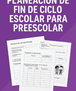 Fondo morado con texto blanco en negrita: "Planeación de Fin de Ciclo Escolar para Preescolar (Demuestro Mis Habilidades) Rincones de Aprendizaje". Incluye tres hojas de muestra con tablas, además de www.editorialmd.com en la parte inferior.