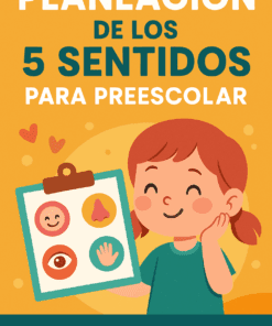 Ilustración de un niño sonriente tocándose la oreja y sosteniendo un portapapeles con imágenes que representan los cinco sentidos, junto al texto: “Planeación de los 5 Sentidos para Preescolar”.