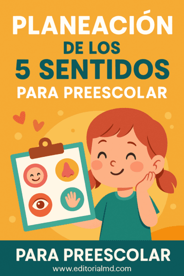 Ilustración de un niño sonriente tocándose la oreja y sosteniendo un portapapeles con imágenes que representan los cinco sentidos, junto al texto: “Planeación de los 5 Sentidos para Preescolar”.