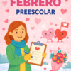 Ilustración caprichosa de una mujer con un portapapeles, un ramo de flores, una carta y corazones sonrientes. Texto "Planificación febrero preescolar" sobre un fondo rosa con temática de corazones, perfecto para inspirar ideas para la planificación preescolar de febrero.