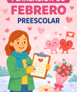 Ilustración caprichosa de una mujer con un portapapeles, un ramo de flores, una carta y corazones sonrientes. Texto "Planificación febrero preescolar" sobre un fondo rosa con temática de corazones, perfecto para inspirar ideas para la planificación preescolar de febrero.