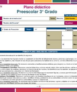 La plantilla Planeación las Letras de mi Nombre presenta encabezados rojos/amarillos, tablas organizadas por grado, grupo, ciclo y semanas, además de una sección de análisis contextual que abarca lenguaje, matemáticas, desarrollo del yo/relaciones y letras personalizadas.