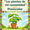 Colorida portada para "Planeación las Plantas de mi Comunidad para Preescolar", con una planta en maceta, borde de manzana y espacios para el nombre del alumno y el logotipo de Editorial MD.