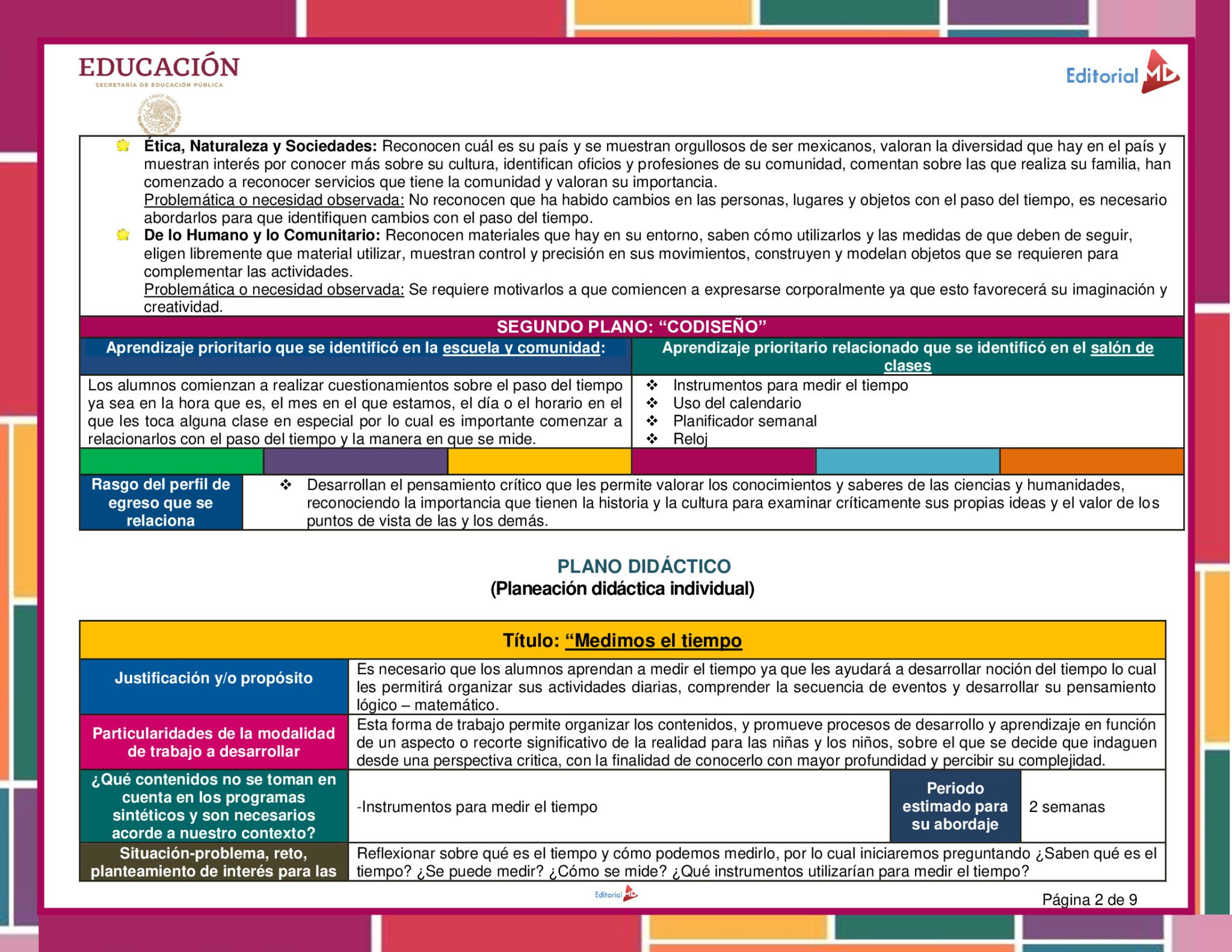 Planeación Medimos el Tiempo para Preescolar 3 La colorida ficha didáctica en español "Planeación Medimos el Tiempo para Preescolar" presenta un plan didáctico con objetivos de aprendizaje, indicadores de evaluación y enlaces curriculares para enseñar el concepto del tiempo a los preescolares.