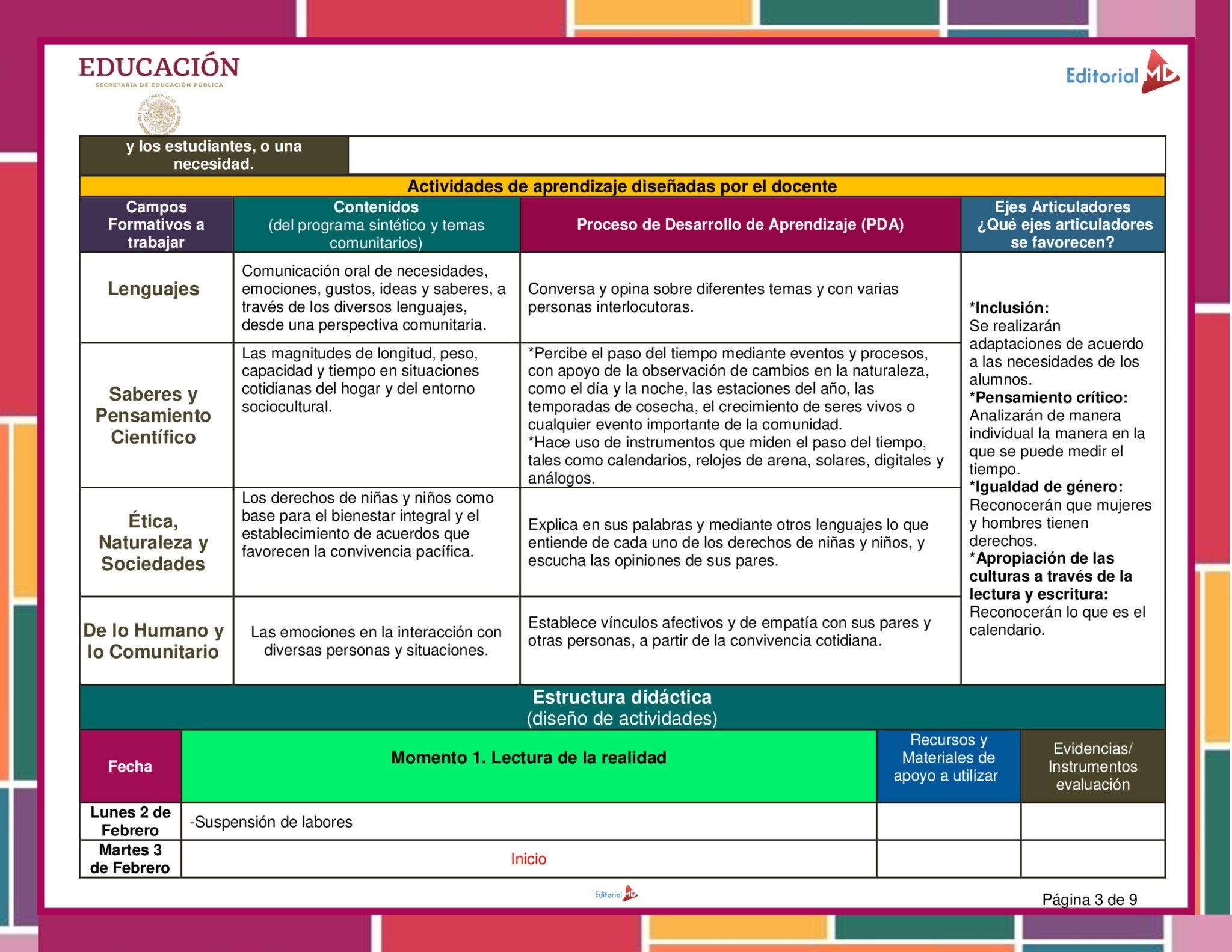 Planeación Medimos el Tiempo para Preescolar 4 La "Planeación Medimos el Tiempo para Preescolar" es una colorida tabla en español para principios de febrero con actividades preescolares, campos curriculares, contenidos, procesos, ejes articuladores y estructura didáctica, además de un horario y secciones codificadas por colores.