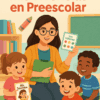 Una maestra ilustrada está sentada en el suelo con tres niños de preescolar, mostrando tarjetas tituladas "Los colores" y "Mis sentidos". Al fondo, hay libros y un crayón en estantes. Texto: "Planificación de mis vivencias en preescolar".