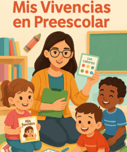 Una maestra ilustrada está sentada en el suelo con tres niños de preescolar, mostrando tarjetas tituladas "Los colores" y "Mis sentidos". Al fondo, hay libros y un crayón en estantes. Texto: "Planificación de mis vivencias en preescolar".