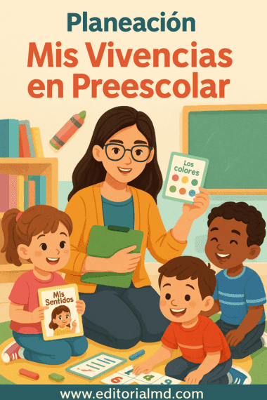 Una maestra ilustrada está sentada en el suelo con tres niños de preescolar, mostrando tarjetas tituladas "Los colores" y "Mis sentidos". Al fondo, hay libros y un crayón en estantes. Texto: "Planificación de mis vivencias en preescolar".