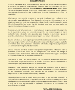 Imagen de una carta de presentación en español para un material educativo dirigido a estudiantes de quinto grado, explicando el enfoque del recurso y firmada por la profesora Brenda Guevara. El fondo es amarillo claro.