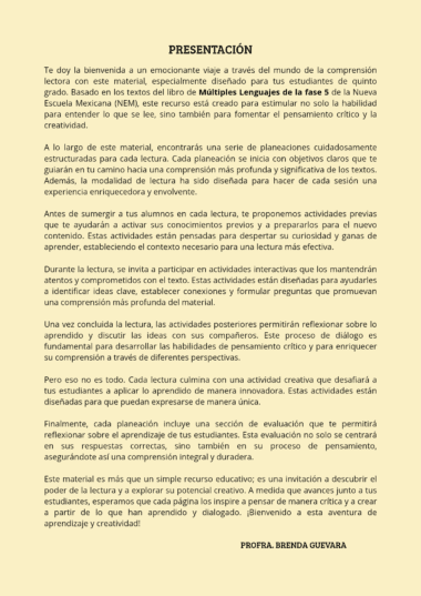 Imagen de una carta de presentación en español para un material educativo dirigido a estudiantes de quinto grado, explicando el enfoque del recurso y firmada por la profesora Brenda Guevara. El fondo es amarillo claro.