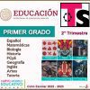 Texto educativo, Planeaciones Telesecundaria 1° Grado 2do Trimestre Nuevo Modelo Educativo (PLAN 2017), con materias que incluyen Español, Matemáticas, Biología, Historia, FCyE, Geografía, Inglés, Artes y Tutorías. Presenta portadas de libros y logotipos de la Secretaría de Educación Pública y Nuevo Modelo Educativo para apoyar el plan de estudios de 1° Grado.