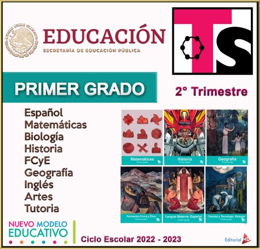 Texto educativo, Planeaciones Telesecundaria 1° Grado 2do Trimestre Nuevo Modelo Educativo (PLAN 2017), con materias que incluyen Español, Matemáticas, Biología, Historia, FCyE, Geografía, Inglés, Artes y Tutorías. Presenta portadas de libros y logotipos de la Secretaría de Educación Pública y Nuevo Modelo Educativo para apoyar el plan de estudios de 1° Grado.