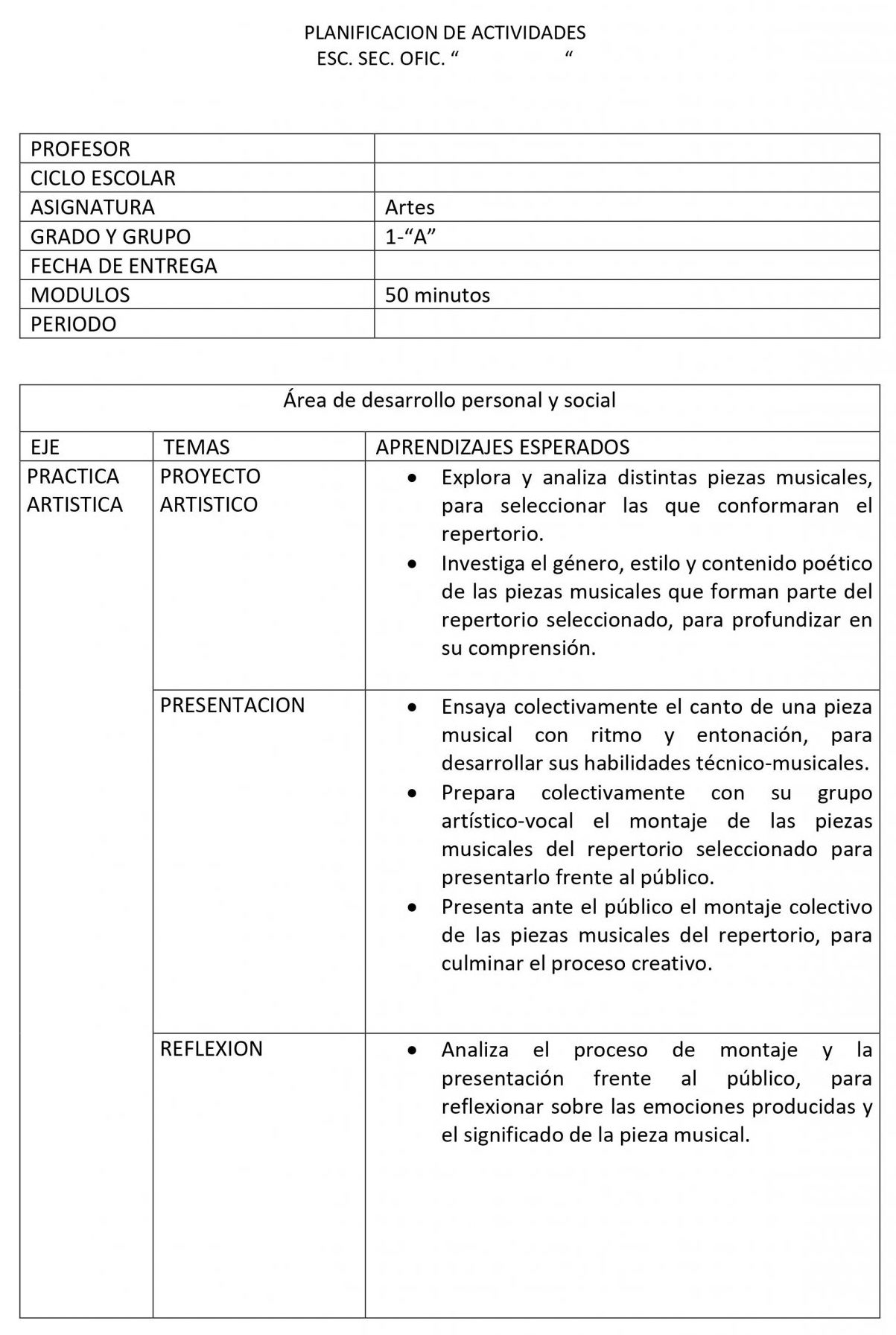 Planeaciones Artes Musica 1 Secundaria (Nuevo Modelo Educativo) 1er. Trimestre 01