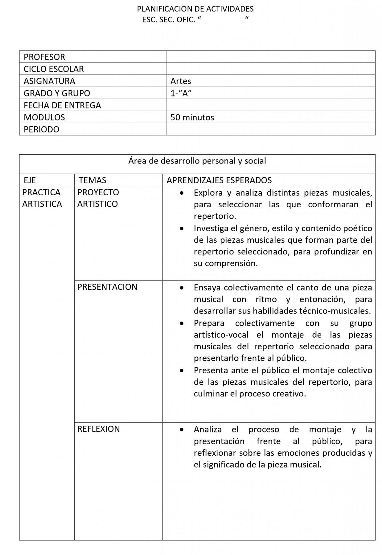 Planeaciones Artes Musica 1 Secundaria (Nuevo Modelo Educativo) 1er. Trimestre 01