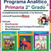 La imagen muestra un folleto del programa de segundo grado de primaria titulado "Planeación de Mayo Segundo Grado de Primaria 2024 NEM", adaptado a nuevos libros (Proyectos) para mayo. Incluye "Dosificación", "Organización por Campos Formativos" y "Word Editable". La parte inferior muestra tres portadas de libros con las etiquetas "Proyectos de Aula", "Proyectos Comunitarios" y "Proyectos Escolares".