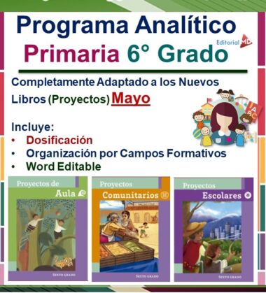 Texto en español con iconos coloridos. El título principal dice "Programa Analítico Primaria 6° Grado". Subtexto menciona adaptación a nuevos libros y Planeación de Mayo Sexto Grado de Primaria 2024 NEM. Incluye "NEM", "Dosificación", "Organización por Campos Formativos" y "Word Editable". A continuación se muestran tres portadas de libros para Primaria 2024.
