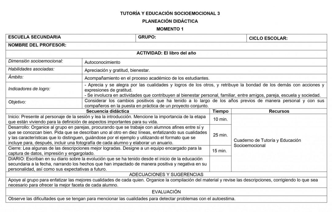 Planeaciones Tutoría Socioemocional 3 Secundaria Anual