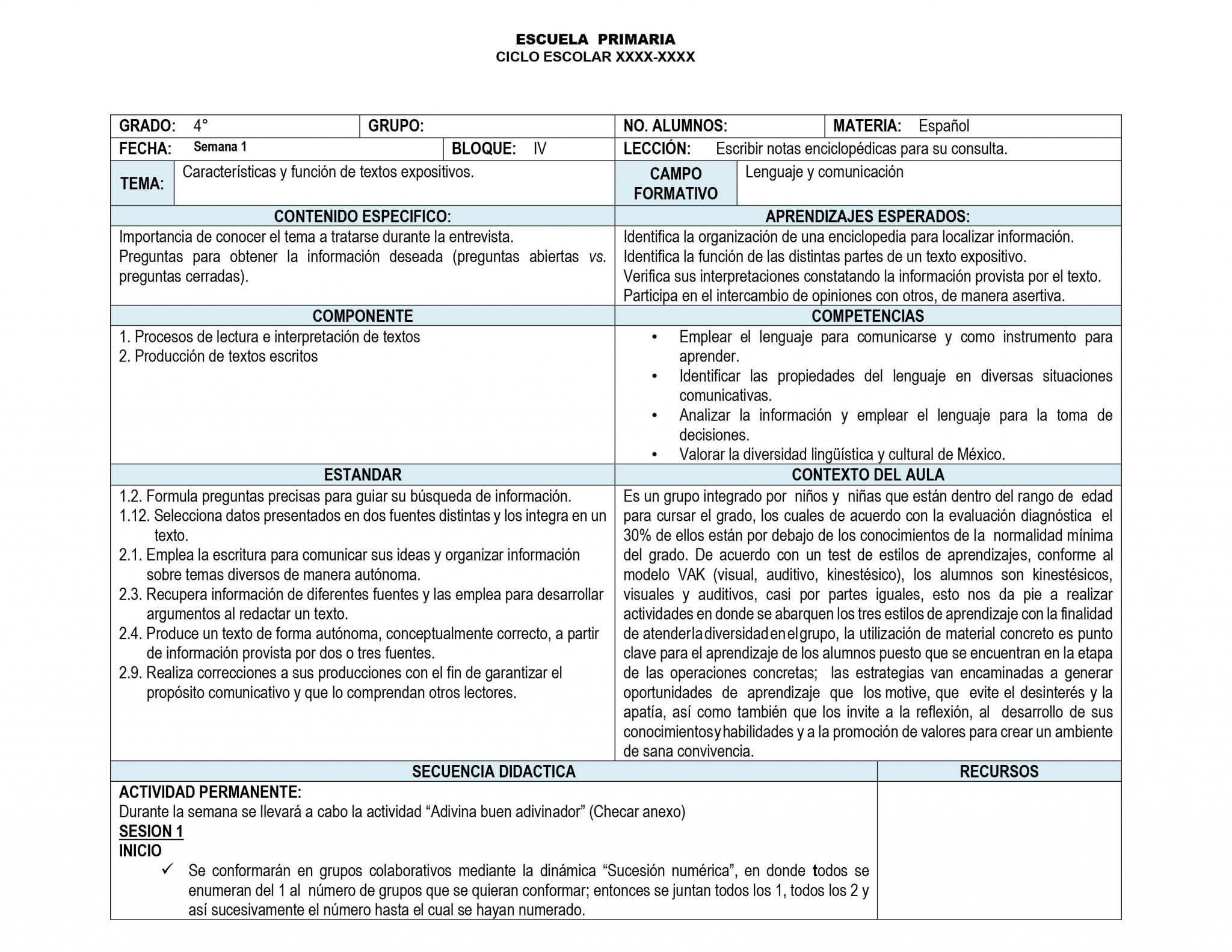 Planeaciones de 4° Grado de Primaria ANUAL 01