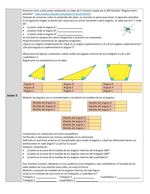 La imagen muestra una hoja de trabajo que detalla una actividad educativa basada en un video sobre ángulos como parte de la "Planeación Matemáticas 1° de Secundaria Trimestre 1 2 y 3 (PLAN 2017). Contiene instrucciones en texto en español, diagramas de ángulos y tablas para grabación.
