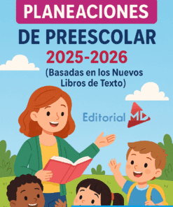 Ilustración de una profesora con tres alegres niños de preescolar al aire libre. Promueve Planeación Anual de Preescolar 2025-2026 NEM (Los Tres Grados), basada en los nuevos libros de texto de Editorial MD.
