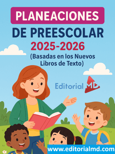 Ilustración de una profesora con tres alegres niños de preescolar al aire libre. Promueve Planeación Anual de Preescolar 2025-2026 NEM (Los Tres Grados), basada en los nuevos libros de texto de Editorial MD.