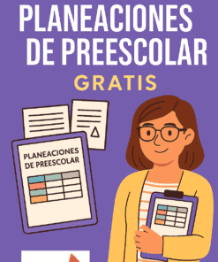 Ilustración de una mujer sonriente con gafas sosteniendo un portapapeles al lado de "Planeaciones de Preescolar Gratis (Con la NEM)". Texto: "Descarga tus Planeaciones de Preescolar Gratis – Editorial MD" sobre fondo morado.