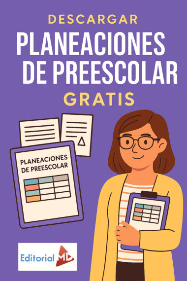 Ilustración de una mujer sonriente con gafas sosteniendo un portapapeles al lado de "Planeaciones de Preescolar Gratis (Con la NEM)". Texto: "Descarga tus Planeaciones de Preescolar Gratis – Editorial MD" sobre fondo morado.