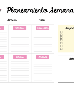 Ilustración de un Planeador mensual, semanal y diario en español con secciones etiquetadas para cada día, casillas de verificación para 