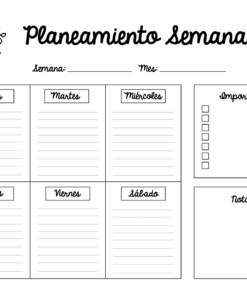 Un planeador mensual, semanal y diario en español con días etiquetados de lunes a sábado, secciones para tareas y notas importantes y una flor decorativa en la esquina superior izquierda.