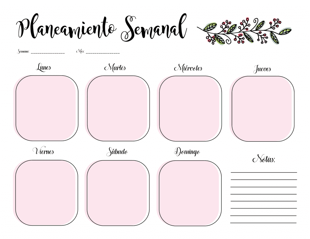 Planeador Mensual, Semanal y Diario 8 Un planificador semanal en español titulado "Planeador Mensual, Semanal y Diario", que presenta días etiquetados de lunes a domingo con cuadros en blanco de color rosa para las entradas y una sección adicional para notas, decorada con un motivo floral.