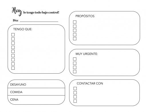 Planeador Mensual, Semanal y Diario en español con secciones etiquetadas para agenda, prioridades, "muy urgente", desayuno, cena y contactos, con casillas de verificación para completar tareas.