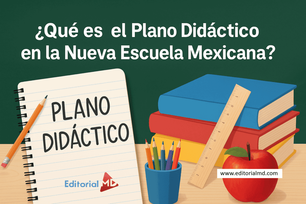 Un cuaderno titulado "Plano Didáctico" está sobre un escritorio con lápices de colores, una manzana y libros apilados frente a una pizarra en la que se lee: "¿Qué es el Plano Didáctico en la Nueva Escuela Mexicana del Plan 2022?.