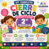 Dos niños de dibujos animados sonríen y señalan un cartel de colores que dice "Kit Completo Cierre de Ciclo 2° Preescolar Mayo - Junio" con instrucciones e iconos sobre planificación, evaluación y comunicación en la educación preescolar.