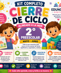 Dos niños de dibujos animados sonríen y señalan un cartel de colores que dice "Kit Completo Cierre de Ciclo 2° Preescolar Mayo - Junio" con instrucciones e iconos sobre planificación, evaluación y comunicación en la educación preescolar.