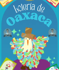Colorida ilustración de una tarjeta de juego de la "Lotería de Oaxaca" en la que aparece una figura con un vibrante traje de plumas y sombrero, con cartas juguetonas y retratos circulares alrededor de un fondo azul.