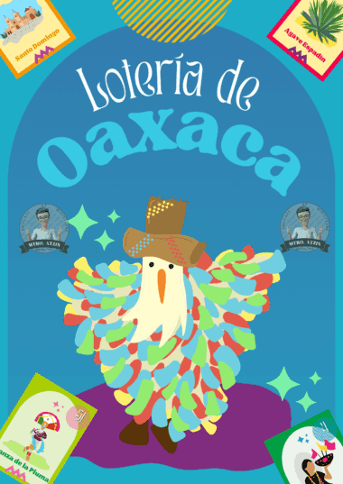 Colorida ilustración de una tarjeta de juego de la "Lotería de Oaxaca" en la que aparece una figura con un vibrante traje de plumas y sombrero, con cartas juguetonas y retratos circulares alrededor de un fondo azul.