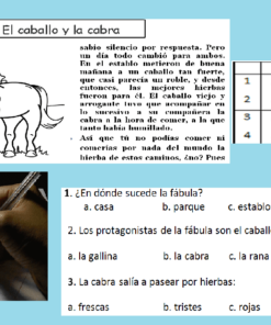 Imagen dividida: en la parte superior, una página de la Guía "El Caballo y la Cabra" Tipos de oraciones con una ilustración de un caballo y una cabra; en la parte inferior, un
