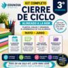 Gráfico promocional del kit de fin de curso de 3º de Edunova Digital. Enumera los recursos incluidos: planificación, cuaderno de actividades, evaluación final y portafolio de evidencias, y destaca características como la alineación con NEM y el formato digital.