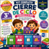 Colorido anuncio de un kit educativo para preescolar, en el que aparecen dos alegres niños sosteniendo lápices y libros, rodeados de texto en el que se destacan características clave como "Recursos esenciales", "Evidencias reales" y "Preparación para primaria".