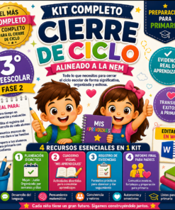 Colorido anuncio de un kit educativo para preescolar, en el que aparecen dos alegres niños sosteniendo lápices y libros, rodeados de texto en el que se destacan características clave como "Recursos esenciales", "Evidencias reales" y "Preparación para primaria".