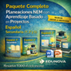 Gráfico promocional para el Paquete Completo de Edunova Digital de planes de clase de español para 1º, 2º y 3º de secundaria, con imágenes de libros de texto, iconos digitales y texto sobre el aprendizaje basado en proyectos.