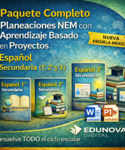 Gráfico promocional para el Paquete Completo de Edunova Digital de planes de clase de español para 1º, 2º y 3º de secundaria, con imágenes de libros de texto, iconos digitales y texto sobre el aprendizaje basado en proyectos.