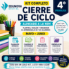 Gráfico promocional para el "Kit Completo Cierre de Ciclo" para 4º curso de Edunova Digital, con una lista de recursos incluidos como planificación, evaluación, portafolio y disponibilidad digital para mayo-junio, con iconos y acentos de color.