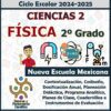La imagen es la portada de un libro de texto de física para segundo grado, titulado "Programa Analítico Anual Ciclo Escolar 2024-2025". Incluye varios símbolos de física, un personaje de dibujos animados saludando y logotipos en la parte inferior, incluido "Nueva Escuela Mexicana".