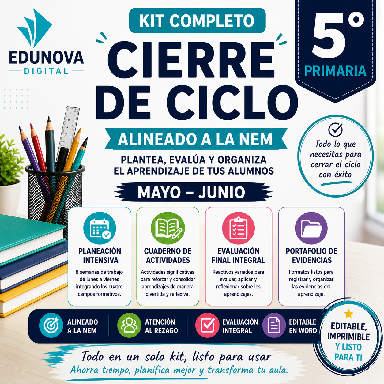 Kit Cierre de Ciclo 5° Primaria NEM | Planeación, Actividades, Evaluación y Evidencias Editable (Word) 1 Gráfico promocional para el kit "Cierre de Ciclo" de Edunova Digital para 5º grado, con iconos y texto sobre planificación, evaluación, portafolios y alineación con NEM para mayo-junio. Colores vivos y atractivos y diseño organizado.