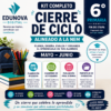 Gráfico promocional del kit de fin de ciclo para 6º curso de Edunova Digital. Incluye libros, lápices, iconos de recursos educativos y texto sobre herramientas de planificación, actividades, evaluación y portafolio para profesores.